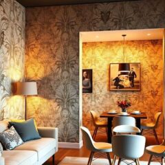 Tapeta jako prosty sposób na wyraźny podział stref w salonie bez ścianek działowych